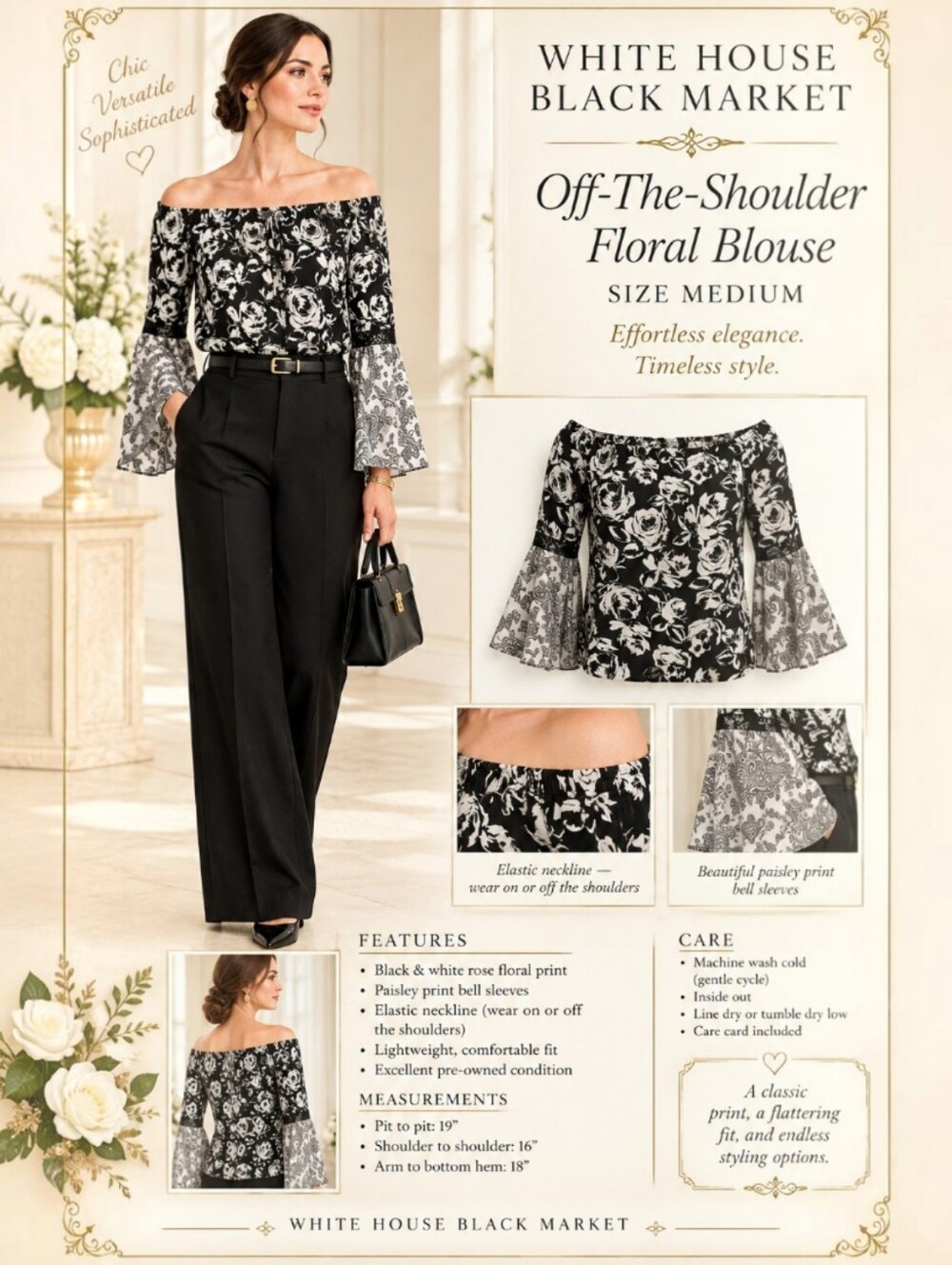 White House Black Market Off The Shoulder Blouse With Bell Sleeves Size Medium